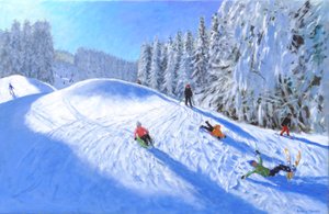Skidåkning i Morzine, Frankrike, 2023 (olja på duk) av Andrew Macara