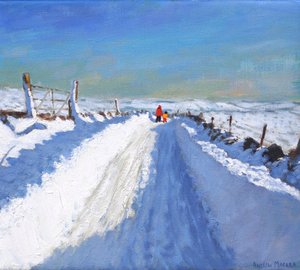 Snöplogad väg, Derbyshire Peak District, 2019, (olja på duk) av Andrew Macara