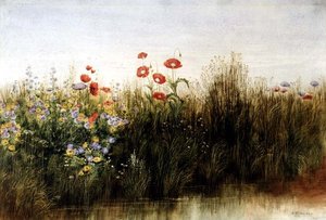 Vilda blommor vid en bäck (akvarell)