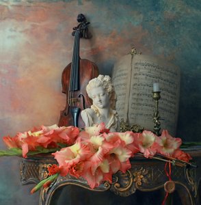 Violinbust och gladiolus av Andrey Morozov