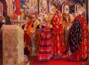 "Ryska kvinnor från 1600-talet i kyrkan", 1899, 1965. av Andrey Ryabushkin