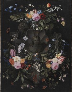 Kartusch med byst av Kristus omgiven av en krans av blommor av Andries Bosman