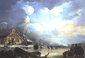 Vinterlandskap med stuga och figurer