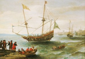 En algerisk båt ankrar i en hamn i Barbariet (namn som européerna gav Nordafrikas kust från 1500-talet till 1800-talet). Oljemålning av Andries van Eertvelt (1590-1652). av Andries van Eertvelt