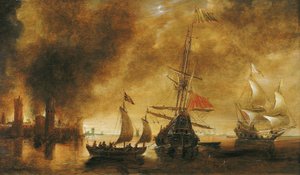 Vid soluppgången efter den spanska flottans bombning av en hamn, hamnbyggnaderna ryker fortfarande från nattstriden, en båt lastad med soldater rörde sig runt det centrala fartyget av Andries van Eertvelt