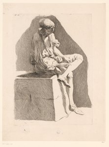 Karikatyr av en pojke som syr sin strumpa Karikatyrer efter J. Saly (serietitel) Recueil de caricatures dessinées Par J. Saly et Gravées par A.L. Lalive D.J. (serietitel) av Ange Laurent de, marquis de Rémoville Lalive