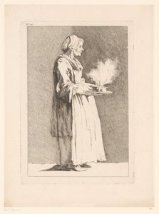 Karikatyr av en kvinna med måltid Karikatyrer efter J. Saly (serietitel) Recueil de caricatures dessinées Par J. Saly et Gravées par A.L. DeLalive D.J. (serietitel) av Ange Laurent de, marquis de Rémoville Lalive