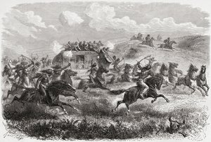 Indianer attackerade en transkontinental diligens 1867, illustration från 