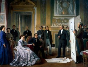 Arkitekten presenterar de nya planerna för Louvren för Napoleon III och Eugenie av Ange Tissier