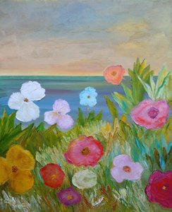 Färgglada blommor och havsutsikt av Angeles M. Pomata