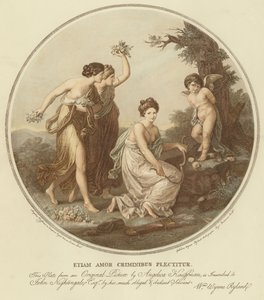 Två nymfer hånar amor som är bunden till ett träd (färg litho) av Angelica (after) Kauffmann