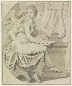 Amor inspirerar en ung kvinna som klumpar på en lira med ena handen och skriver med den andra av Angelica Kauffmann