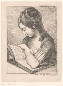Ung kvinna som läser vid ett bord och vilar armbågen på en bok av Angelica Kauffmann