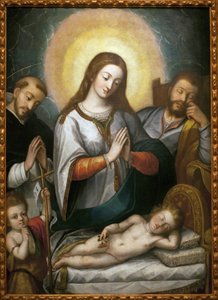 Den heliga familjen med Sankt Johannes Döparen och Sankt Dominikus. Målning av Angelino Medoro (1576-1633), olja på duk av Angelino Medoro