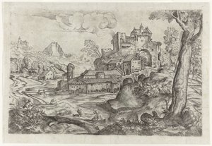 Landskap med flod och slott av Angelo Falconetto (attributed to)