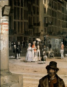Marche de Figini a Milan (Piazza del Duomo med ett hörn av Coperto dei Figini) Detalj - Målning av Angelo Inganni (1807-1880)