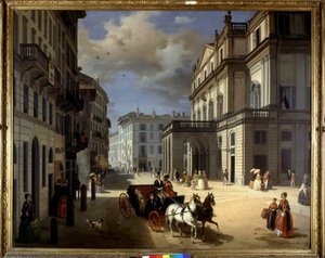 Representation av Plaza de la Scala i Milano av Angelo Inganni. 1800-talet. Konstgalleriet Brera, Milano.