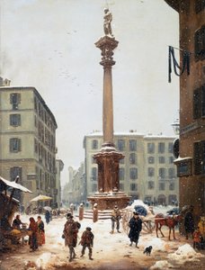 Redeemer-kolonnen vid Verziere (grönsaksmarknad) sett från den gamla gatan i San Bernardino i Milano av Angelo Inganni