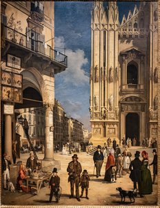 Utsikt över Duomo med Coperto av Figini av Angelo Inganni