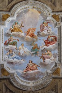 Taket i salen med Bolognakvarteren, Vaktsalen, Este hertigpalats, Sassuolo, Italien av Angelo Michele Colonna