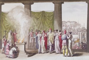 Priamos familj efter Hektors avfärd, ur "Le Costume Ancien ou Moderne" av Jules Ferrario, graverad av A. Biasioli, Milano ca 1820 (färggravyr).