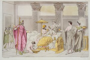 Ulysses och Penelopes bröllop, illustration från Le Costume Ancien ou Moderne av Jules Ferrario, graverad av A. Biasoli, Milano 1821 (färgstick)
