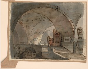 Scendesign, underjordiskt välvt utrymme med gravar av Angelo Toselli