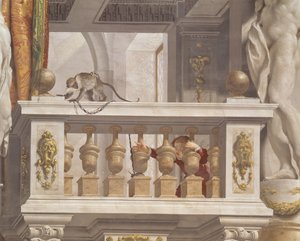 Storhertigens mottagningsrum, takdetalj föreställande en apa och en ung pojke på en balustrad, 1638-44 av Angelo and Mitelli Colonna