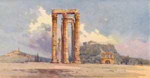 Kolumner av den olympiska Zeus, Aten (färg litho)