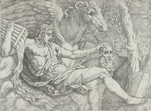 Apollo håller pipor i sin högra hand tillsammans med Pegasus, 1556-60. av Angiolo Falconetto