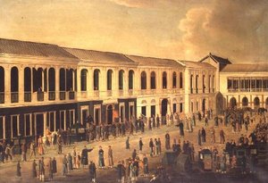 En vy av Hongs vid vattnet i Canton, c.1825