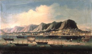 Utsikt över Hong Kong, med en fängelsehulk och en paddlesteamer i hamnen (olja på duk)
