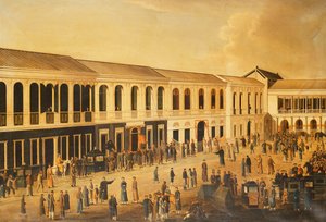 En utsikt över Hongs vid vattnet i Canton, ca. 1825