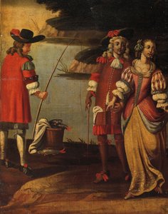 Fyrfaldig dubbelsidig skärm, ca 1700 (målad duk och läder) (detalj av 3248382)