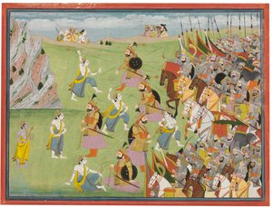 En målning från Mahabharata: Balabhadra Fighting Jarasandha, Kangra och Garhwal, c.1810-20