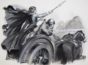 Boadicea piskar upp britternas raseri mot de romerska överherrarna (gouache på papper)