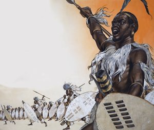 Chaka i strid i spetsen för regementet Tulwana impi (gouache på papper) av Angus McBride