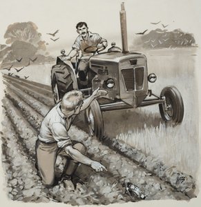 Bonde upptäcker en antikvarisk relik (gouache på papper) av Angus McBride