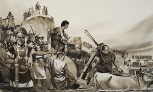 Julius Caesar (100-44 f.Kr.) ledde sina soldater över den lilla floden Rubicon och marscherade mot Rom (gouache på papper) av Angus McBride