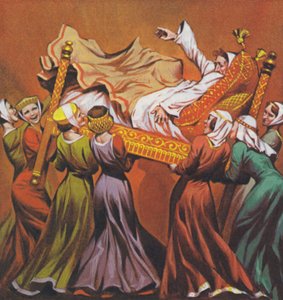Kung Edward I lyftes i sin säng av hovdamerna (färglitografi)