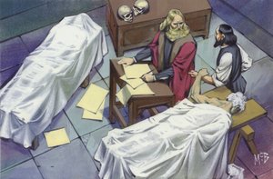Leonardo Da Vinci undersöker människans anatomi med hjälp av liken efter män som avlidit på sjukhus (gouache på papper) av Angus McBride