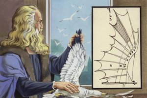 Leonardo Da Vinci studerar fåglar för att ta reda på hur en människa kan flyga (gouache på papper) av Angus McBride