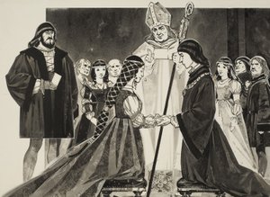 Lucrezia Borgias (1480-1519) äktenskap med hertig Alfonso (gouache på papper) av Angus McBride