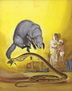 Mongoose dödar orm i indiskt hem (gouache på papper)