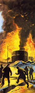 Brinnande oljetankar vid Seward efter jordbävningen i Anchorage 1964 av Angus McBride