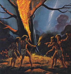 Den förhistoriska människan och elden (färglitografi)
