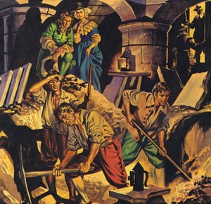 Samuel Pepys letar efter en skatt med pengar som ska ha gömts i Towern (färglitografi) av Angus McBride