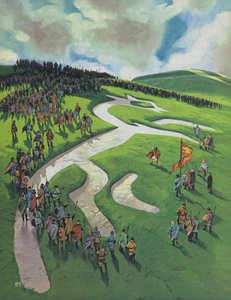 Uffington White Horse, byggd av Alfred den store efter slaget vid Ashdown mot danskarna (färglitografi) av Angus McBride