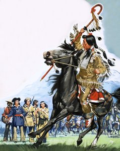 Oidentifierade indianer omringar en liten grupp scouter av Angus McBride