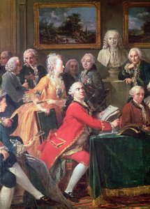 An Soirée at the Home of Madame Geoffrin detalj av Lekain och Mademoiselle Clairon, 1755 olja på duk